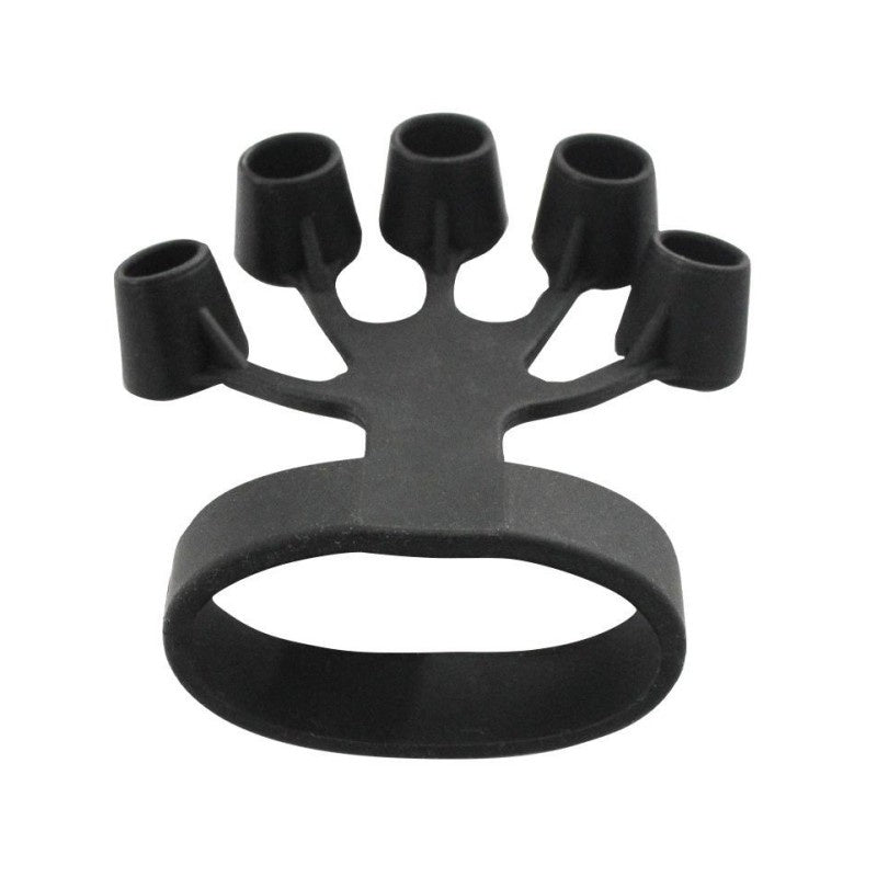Black rubber glove with multiple finger tips on a white background