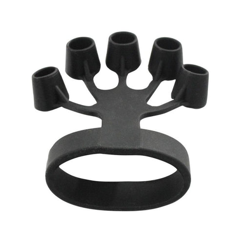 Black rubber glove with multiple finger tips on a white background