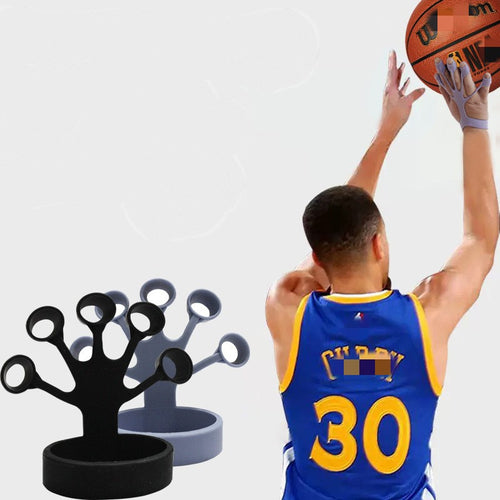 Person in blue sports jersey with number 30 holding a basketball, next to a black and gray wrist support device.